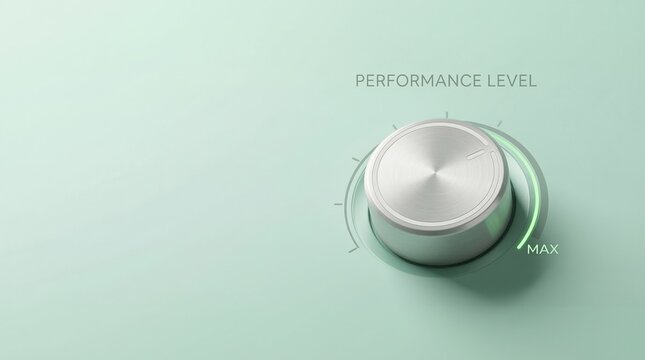Metallic dial knob adjusted to maximum performance level setting on a smooth minimalist pastel green background for professional business efficiency