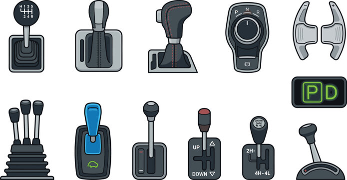 Car Gear Shifter Icon Set Featuring Manual Stick Shifts Automatic Transmissions Paddle Shifters Rotary Knobs and Four Wheel Drive Selector Levers