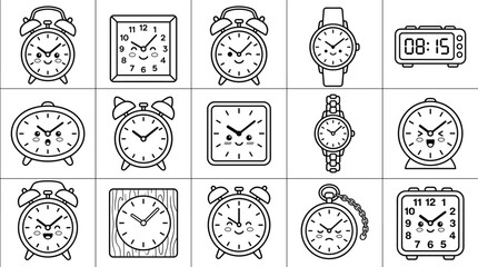 Fototapeta premium Assorted Clocks and Watches Line Art Collection
