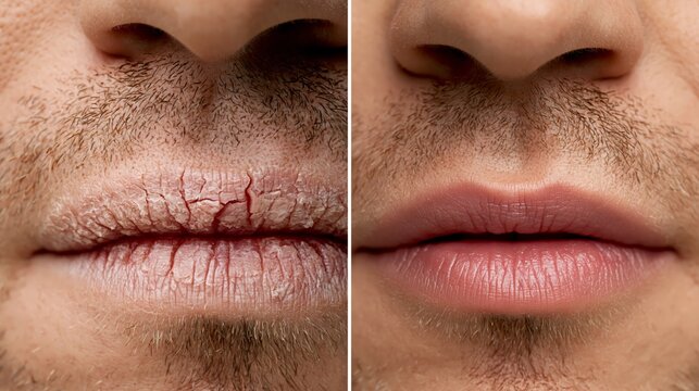 Split frame showing cracked lips on a man versus healthy lips. Concept of men's lip treatment.