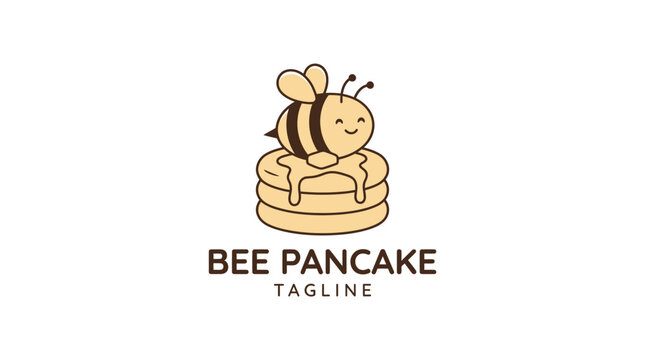 Bee mascot sitting on a stack of pancakes logo.