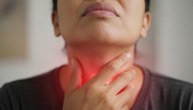Person touching neck with red light effect representing sore throat or thyroid issues in indoor setting
