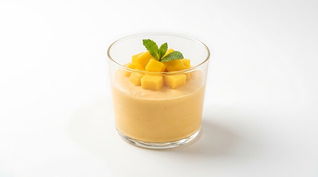 Fresh mango mousse dessert in a glass cup topped with diced mango pieces and green mint leaves. Mango Mousse Recipe