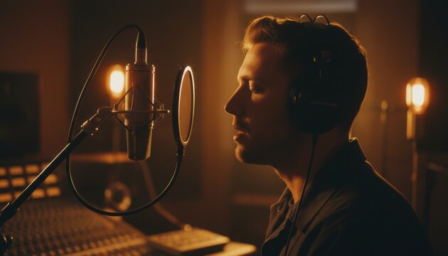 Male vocalist sings into a professional studio microphone with a pop filter in a moody recording environment with vintage lighting