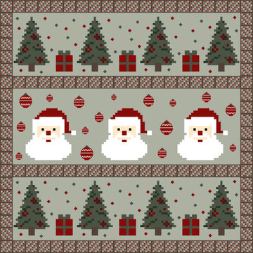 Green Seamless pixel art Christmas sweater pattern with Santa Claus, pine trees, and gift boxes. Ideal for winter holiday apparel, Christmas wrapping paper, seasonal party invitations, and wallpaper