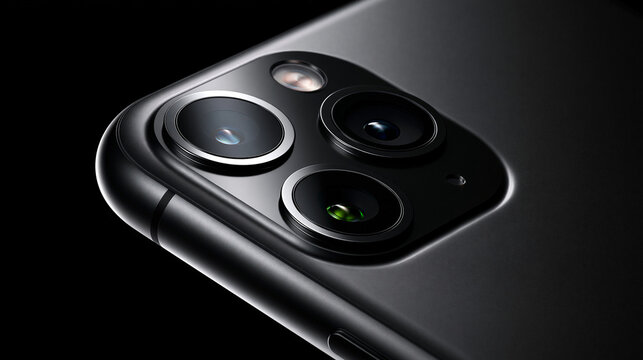 Close-up of a modern smartphone camera module with multiple lenses against a dark background