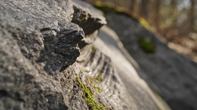 Macro shot of a textured grey rock edge with patches of green moss in a sunlit forest environment. Detailed view of the jagged natural stone surface with a shallow depth of field.