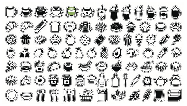 Hand Drawn Food and Drink Vector Icon Set for Restaurant Menu Design with Breakfast, Beverages, Vegetables, Culinary Ingredients and Nutrition