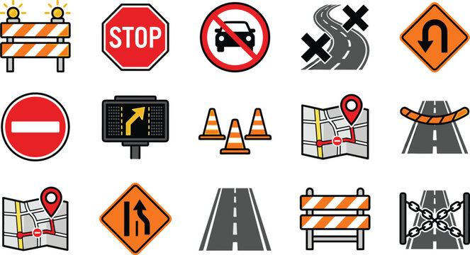 Road Closed and Traffic Detour Construction Icon Set Featuring Barriers Traffic Cones Stop Signs Route Navigation Maps and Street Blockage Hazard Symbols