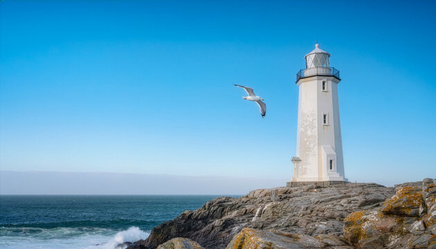 White Lighthouse on Rocky Coastal Cliff