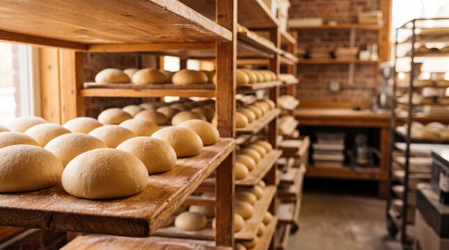 A bakery interior with wooden shelves filled with dough balls. The setting is rustic, featuring brick walls and baking equipment in the background.