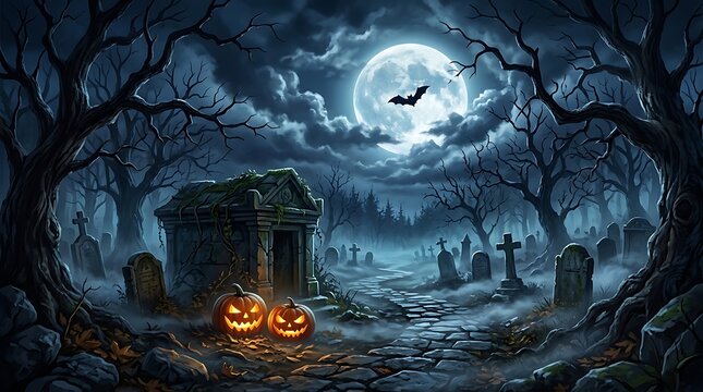 Spooky halloween graveyard scene with glowing pumpkins and full moon