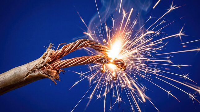 A close-up of frayed electrical wires sparking against a blue background. The wires emit bright sparks, indicating a potential electrical hazard.
