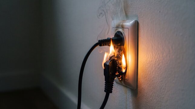 An electrical outlet with a burning plug. Smoke rises from the connection. The scene highlights electrical hazards and safety concerns.