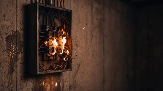 A close-up of a malfunctioning electrical panel with sparks and flames. The background is a concrete wall, indicating a potentially hazardous situation.