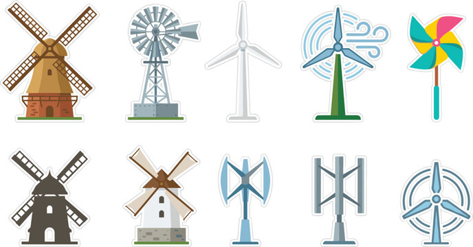 Windmill and Green Energy Wind Turbine Vector Icon Set Featuring Traditional Dutch Windmills Farm Water Pumpers Vertical Axis Turbines and Pinwheel Symbols