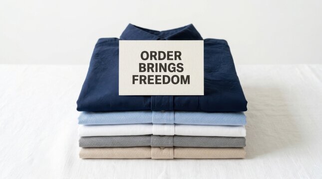 Stack of neatly folded shirts with inspirational message