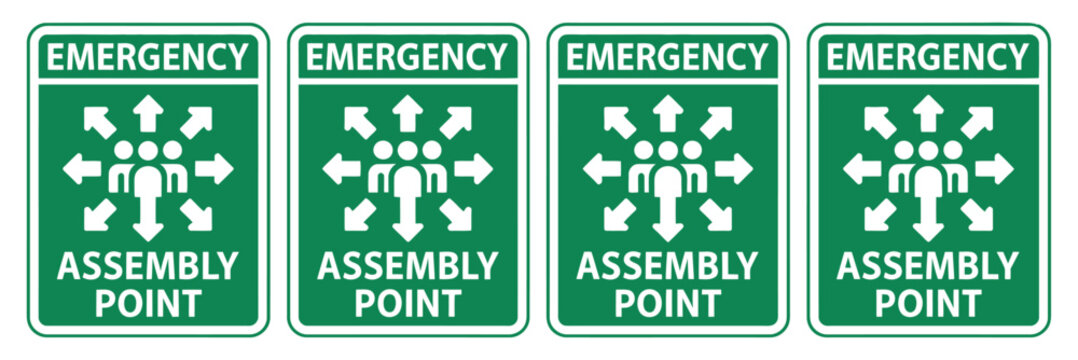 Emergency Assembly Point Sign, Vector Illustration with Safety Symbol, Evacuation Meeting Area, Emergency Response, and White Background
