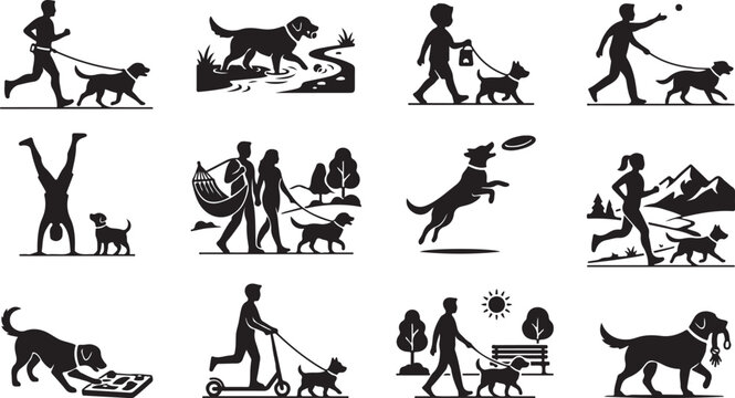 Collection of black silhouette featuring people and dogs in various daily activities, including walking, playing, and exercising