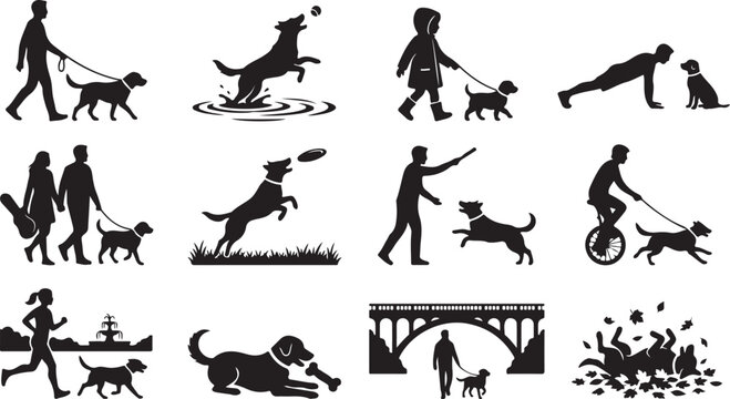 Collection of black silhouette showing people and dogs in various daily activities, including walking, playing, and outdoor exercise