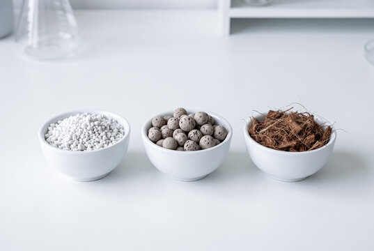 Hydroponic Grow Substrate Specimens Perlite LECA and Coco Coir in Laboratory Bowls