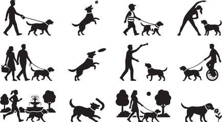 Collection of black silhouettes showing people and dogs in park settings with activities like walking, playing, and unicycling © Lutfar_Rahman