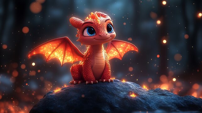 Small orange dragon fantasy creature mythical beast glowing wings fire magic