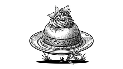 Gourmet cake on plate with berry garnish illustration. © erna