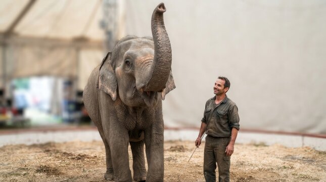 Male trainer smiling at an elephant with a raised trunk in a circus ring. Animal handler working with a large mammal under a big top tent. Traditional entertainment performance