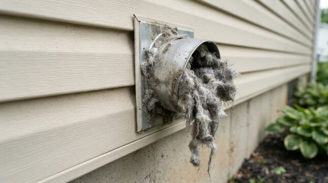 Severely clogged metal dryer vent overflowing with thick grey lint. Exterior house exhaust pipe blocked by dust accumulation. Home maintenance issue and fire hazard risk