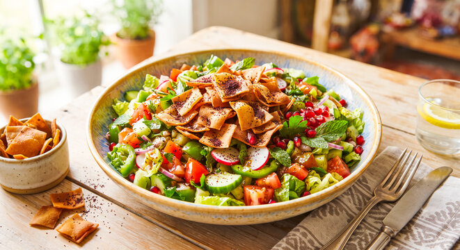 Crispy Middle Eastern Fattoush Salad with Pomegranate Dressing