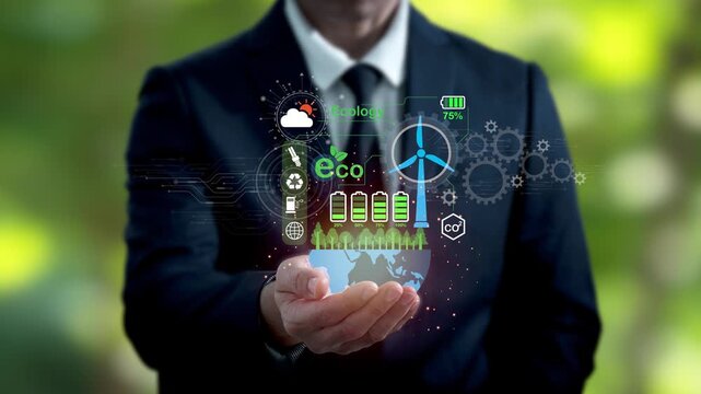 Businessman holding a virtual green globe with eco energy icons overlay, managing sustainable environment technology, renewable wind power, carbon neutral emission, and global conservation strategy.