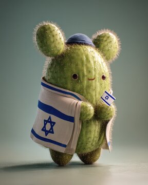 Cute anthropomorphic sabra cactus character with Israeli flag shawl