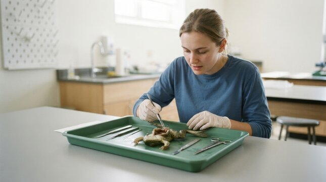 Female biology student performing a frog dissection in a laboratory. Young woman using scalpel and forceps to examine anatomy in a green tray