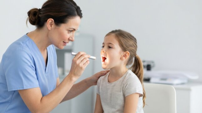 Pediatrician examining a young girl's throat with a flashlight in a clinic. Female doctor checking child patient during a routine medical checkup
