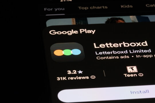 Shanghai, China- July 19th 2026: Google Play Store showing the Letterboxd app on a smartphone screen against a dark background