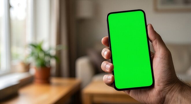 Hand Holding Smartphone with Green Screen Mockup