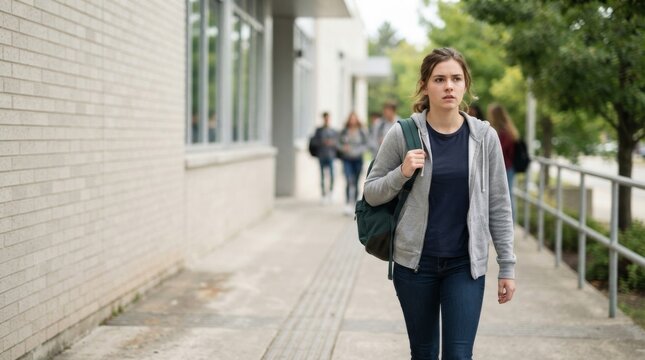 Serious young female student with a backpack evacuating a school building. College campus fire drill and emergency safety procedure