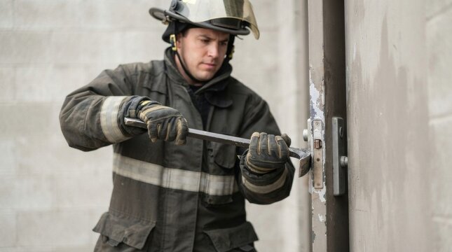 Male firefighter using a Halligan bar to pry open a heavy metal door. First responder forcing entry with specialized rescue tool