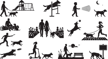 Obraz premium Set of black silhouettes featuring people and dogs in park environments with various activities like walking, jumping, and playing