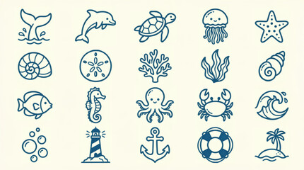 Ocean life line icons set, 20 nautical sea animal vector illustrations, blue marine creature symbols for summer beach branding and coastal design © Muhammad