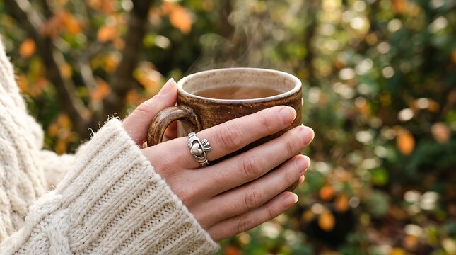 Person holding a steaming mug of tea outdoors in autumn