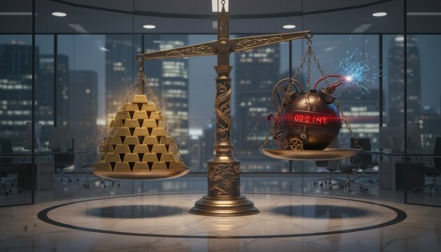 A scale balances gold bars against a time bomb to illustrate tension between wealth and danger. This symbolic concept reflects pressure found in financial decisions