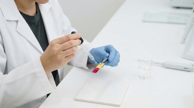 Scientist testing acidity with litmus paper turning red. Laboratory worker in white coat and blue gloves applying liquid from a dropper. Chemical reaction and scientific research concept