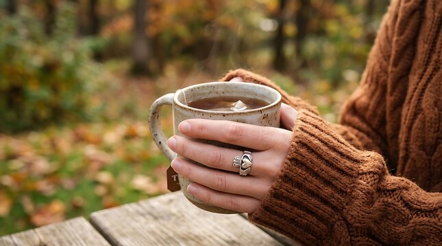 Person holding a warm mug of tea outdoors in autumn