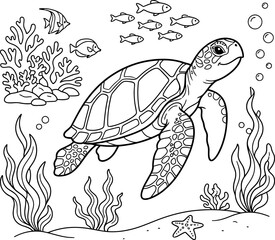 Fototapeta premium A charming black and white coloring page illustration featuring a friendly sea turtle swimming through a vibrant underwater scene with coral reefs and small fish
