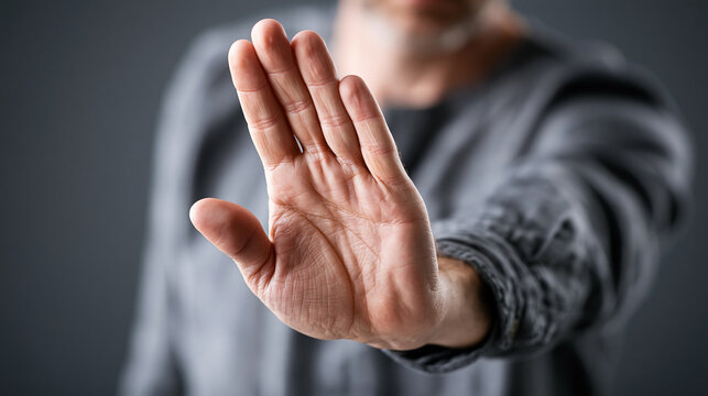 A man gestures with an open palm, signaling to stop or halt in a calm manner.