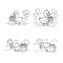 Fototapeta premium Cute duck and elephant with gifts and balloons coloring page set