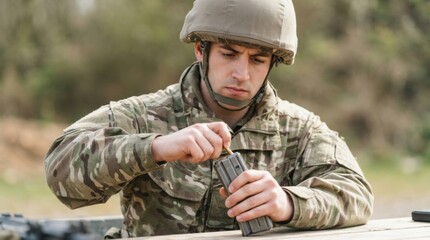 Fototapeta premium Soldier loading ammunition into a rifle magazine. Military man in camouflage uniform filling ammo clip outdoors
