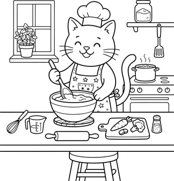 A happy cartoon cat wearing a chef hat and apron stands in a cozy kitchen mixing ingredients in a bowl for a delicious home cooked meal.